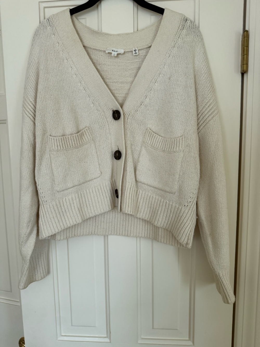 A.L.C. Cream V-Neck Button Front Pocket Cotton Sweater